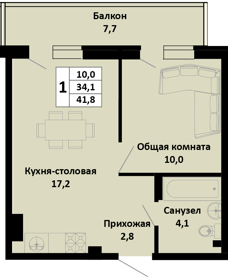 Планировка 1-комн. в ЖК «Южные соседи»