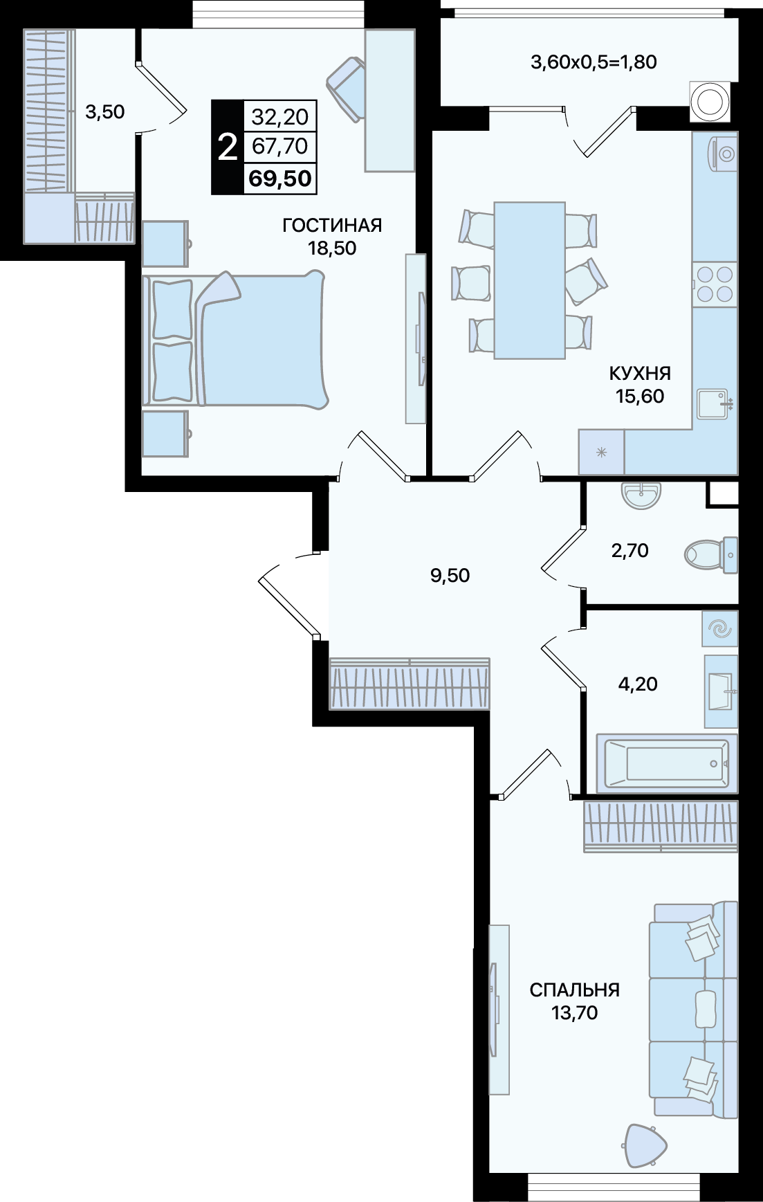 Планировка 2-комн. в ЖК «Движение 61»
