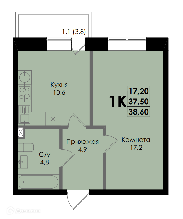 Планировка 1-комн. в ЖК «BOTANIKA»