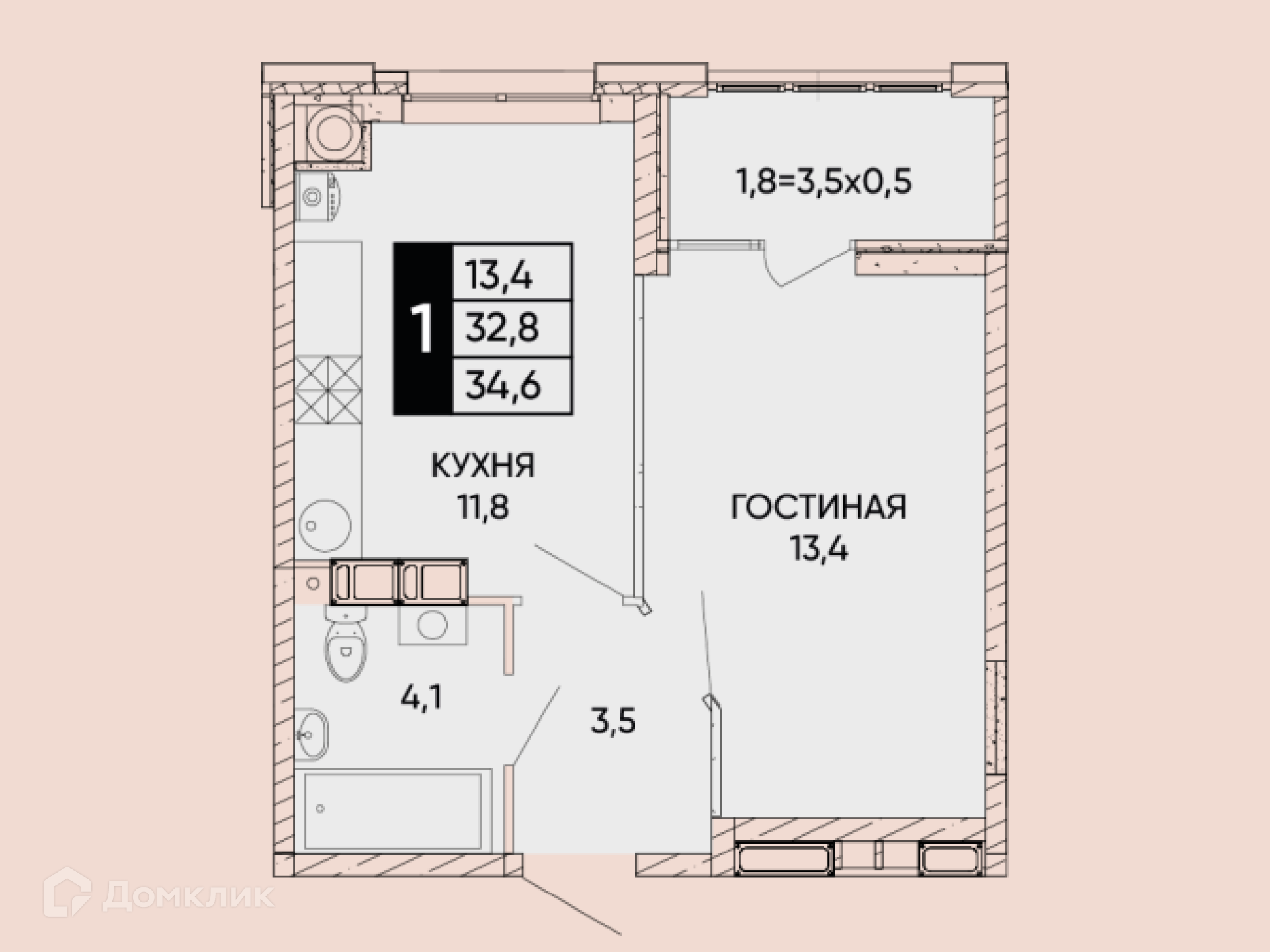 Планировка 1-комн. в ЖК «Левобережье»