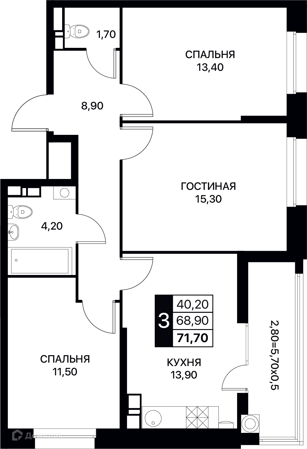 Планировка 3-комн. в ЖК «Полет»