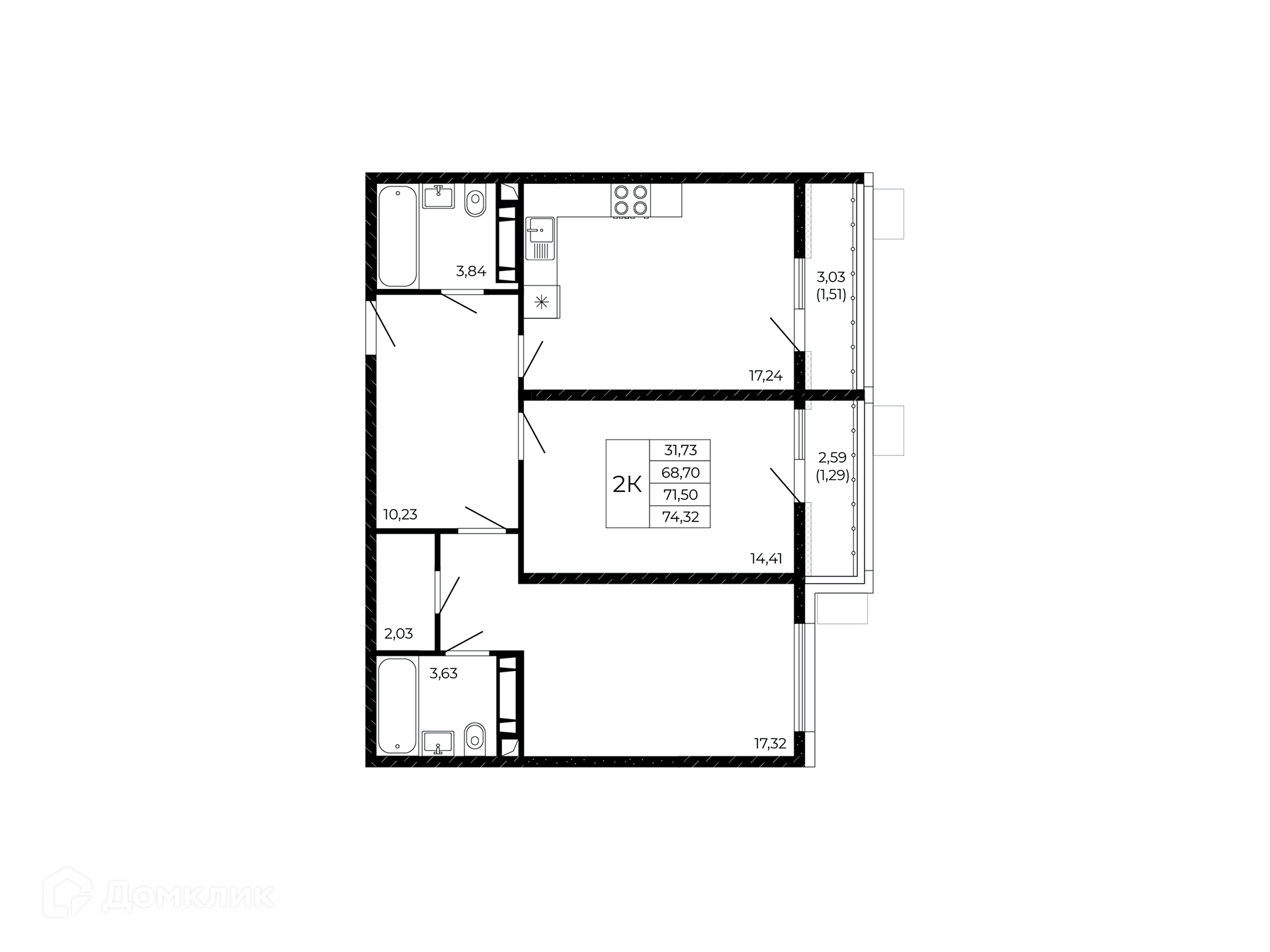 Планировка 2-комн. в ЖК «Притяжение»