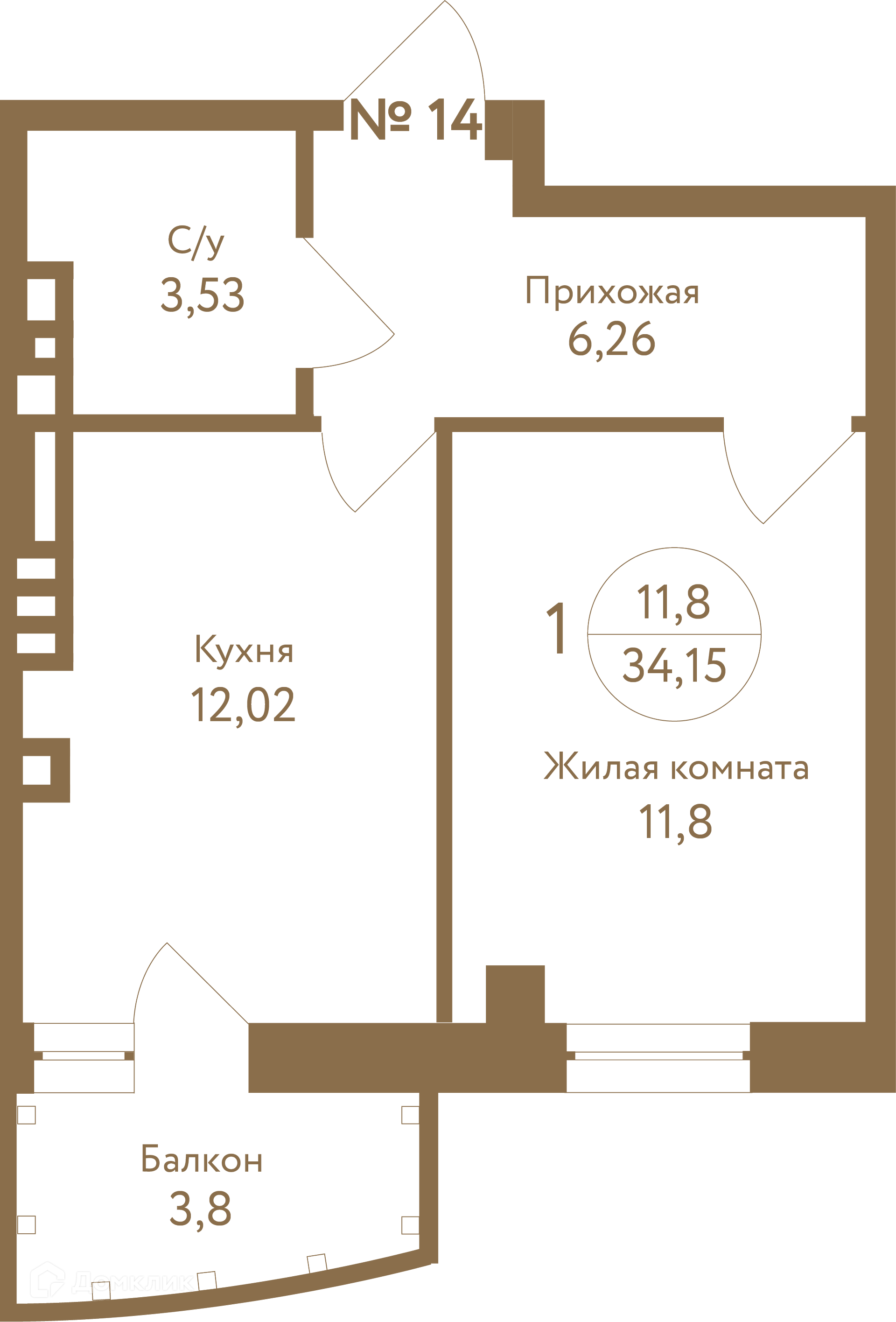 Планировка 1-комн. в ЖК «Атаманский»
