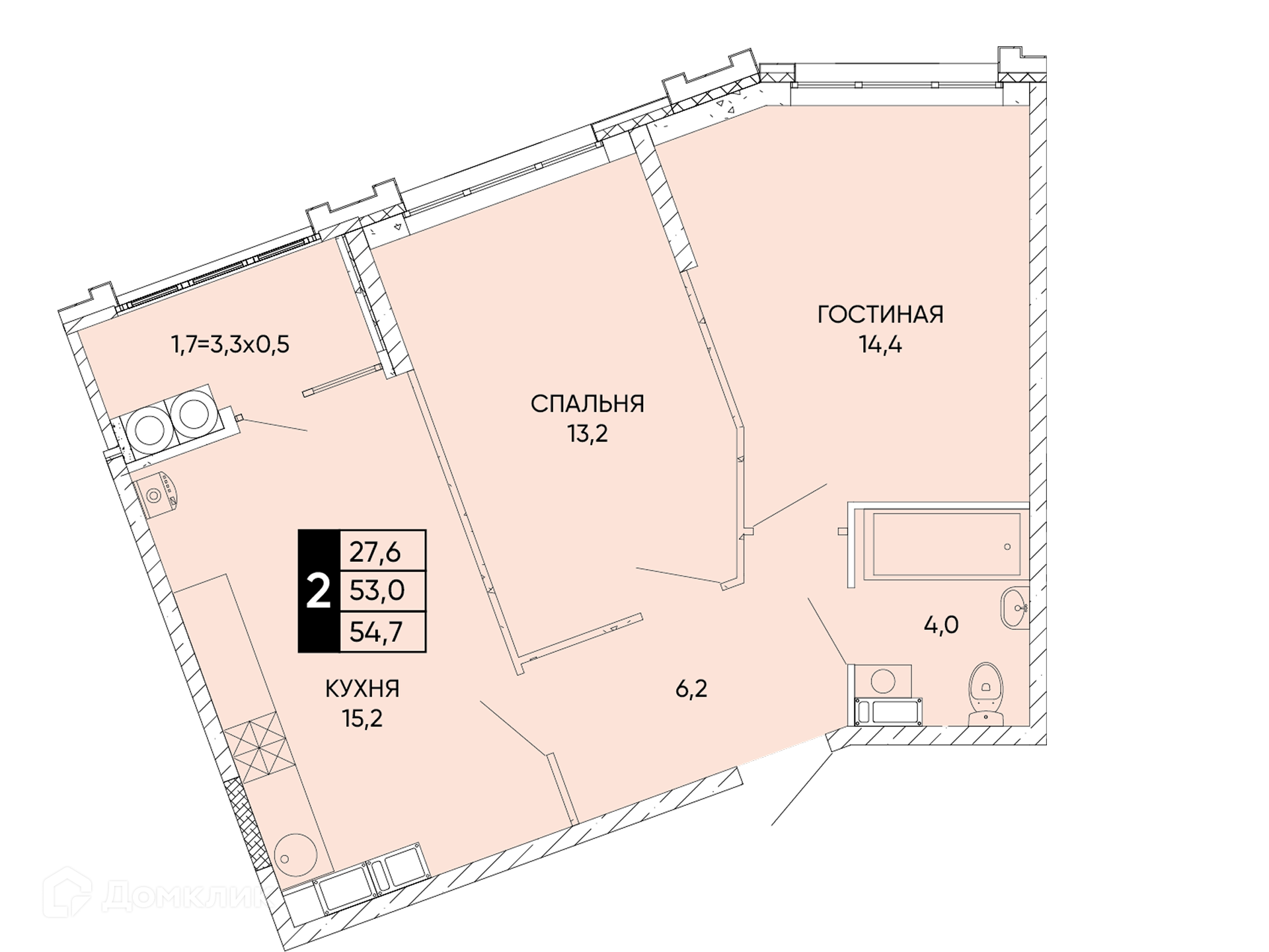 Планировка 2-комн. в ЖК «Левобережье»