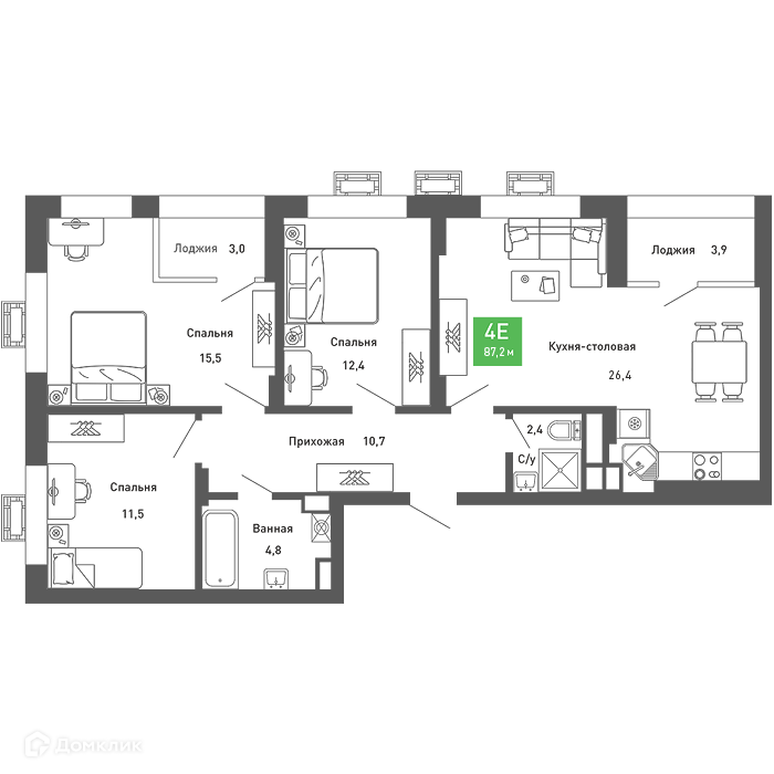 Планировка 3-комн. в ЖК «Ключи-club»
