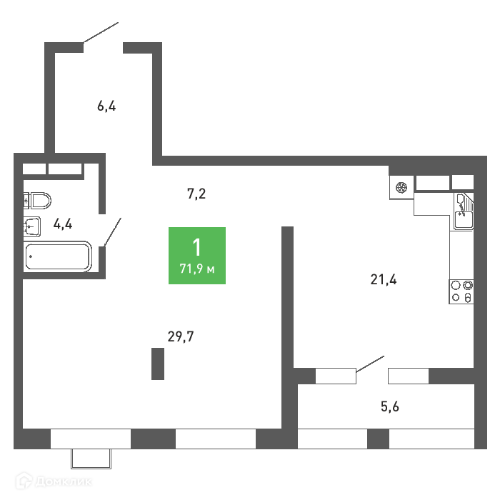 Планировка 1-комн. в ЖК «Ключи-club»