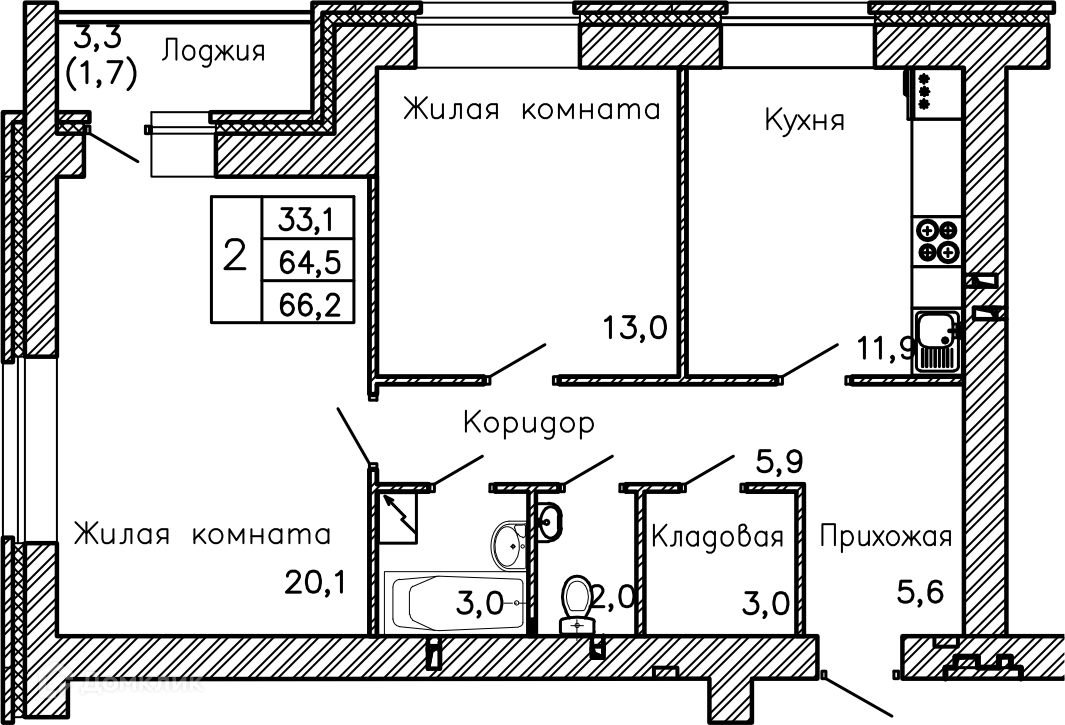 Планировка 2-комн. в ЖК «Перемена»