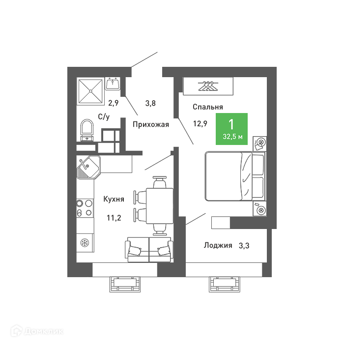 Планировка 1-комн. в ЖК «Ключи-club»