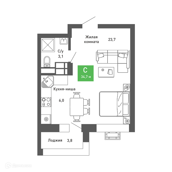 Планировка Студия в ЖК «Ключи-club»