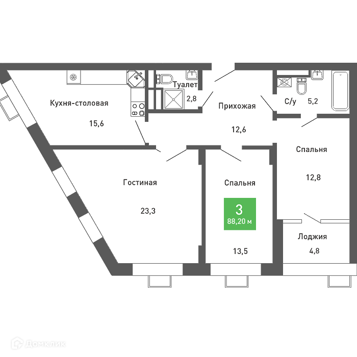 Планировка 3-комн. в ЖК «Ключи-club»
