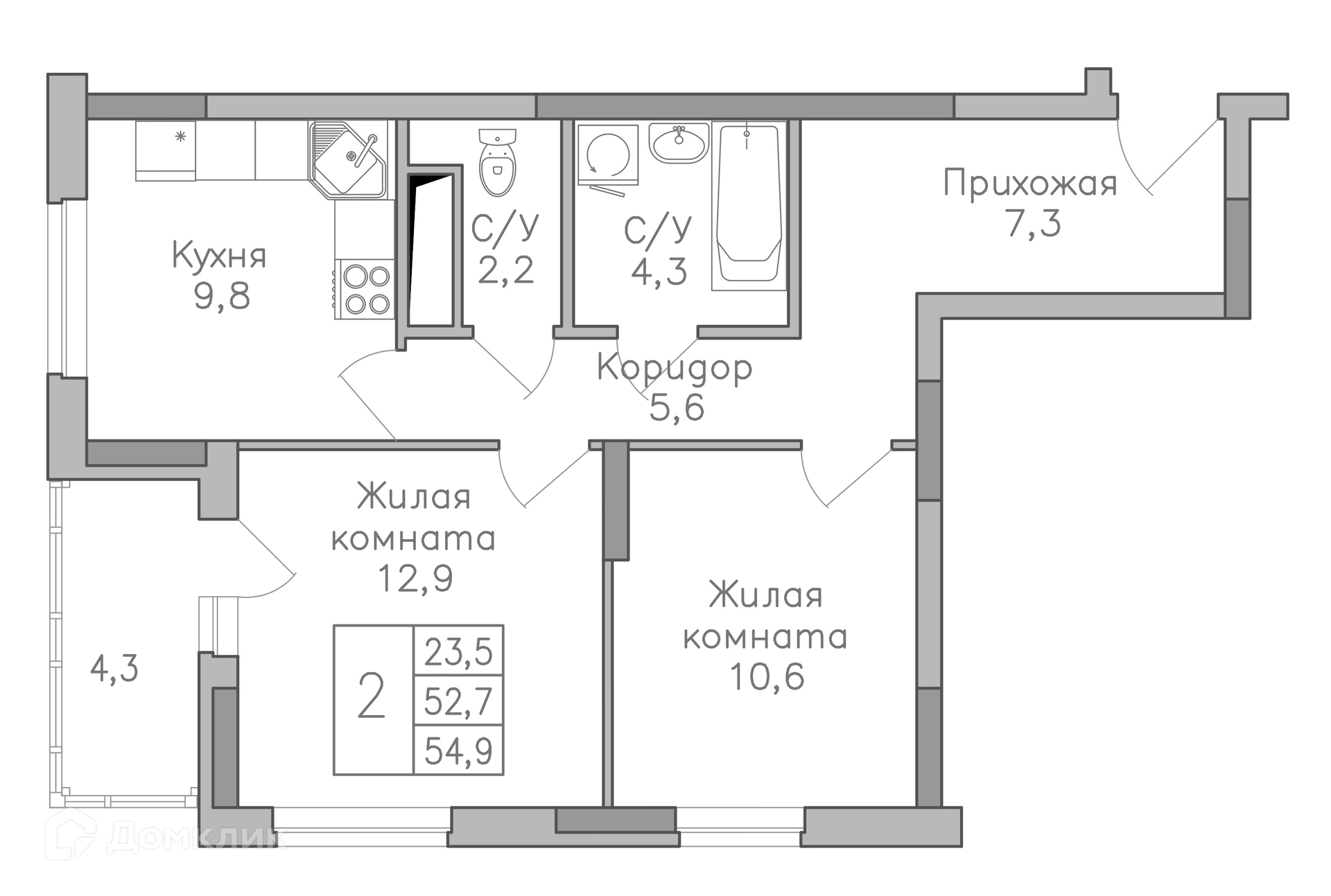 Планировка 2-комн. в ЖК «Поколение»