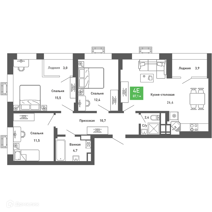 Планировка 3-комн. в ЖК «Ключи-club»