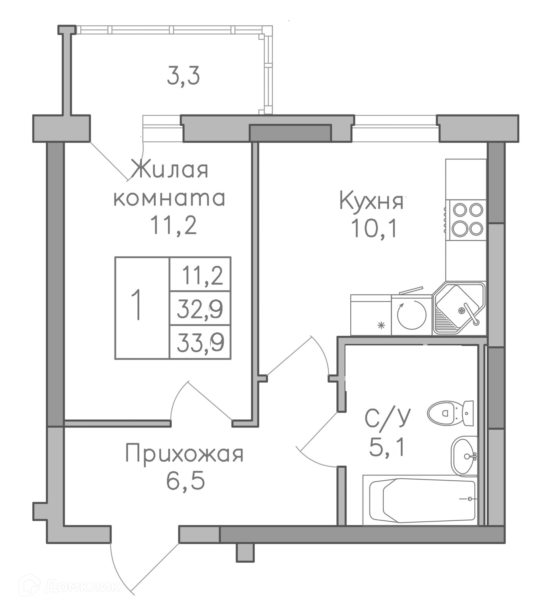 Планировка 1-комн. в ЖК «Поколение»