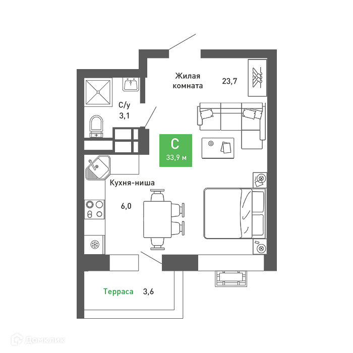 Планировка Студия в ЖК «Ключи-club»