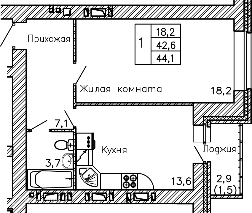 Планировка 1-комн. в ЖК «Перемена»