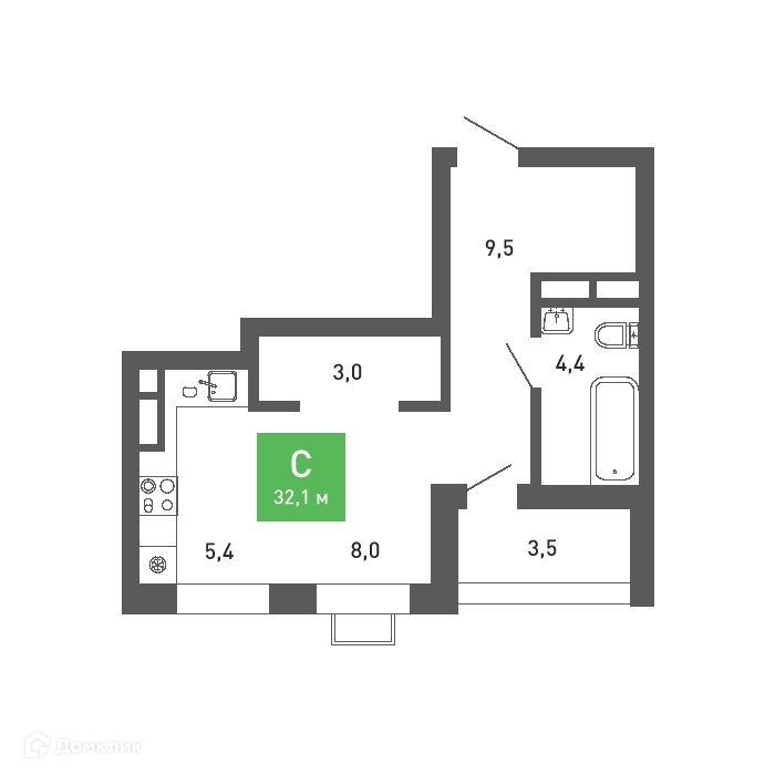 Планировка Студия в ЖК «Ключи-club»