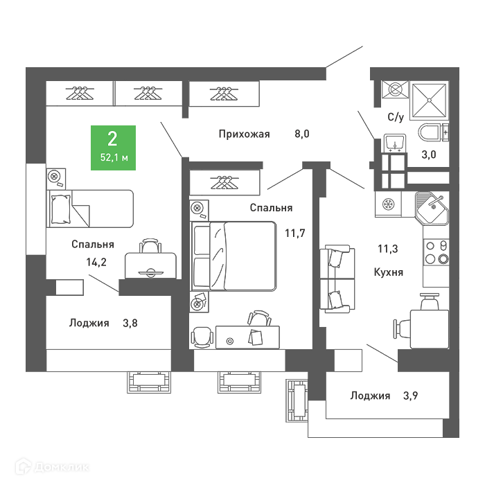 Планировка 2-комн. в ЖК «Ключи-club»