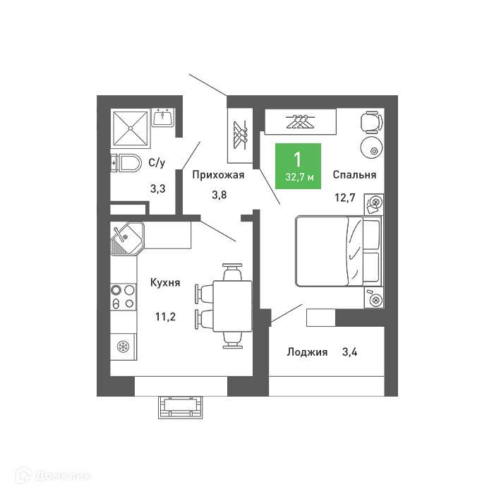 Планировка 1-комн. в ЖК «Ключи-club»