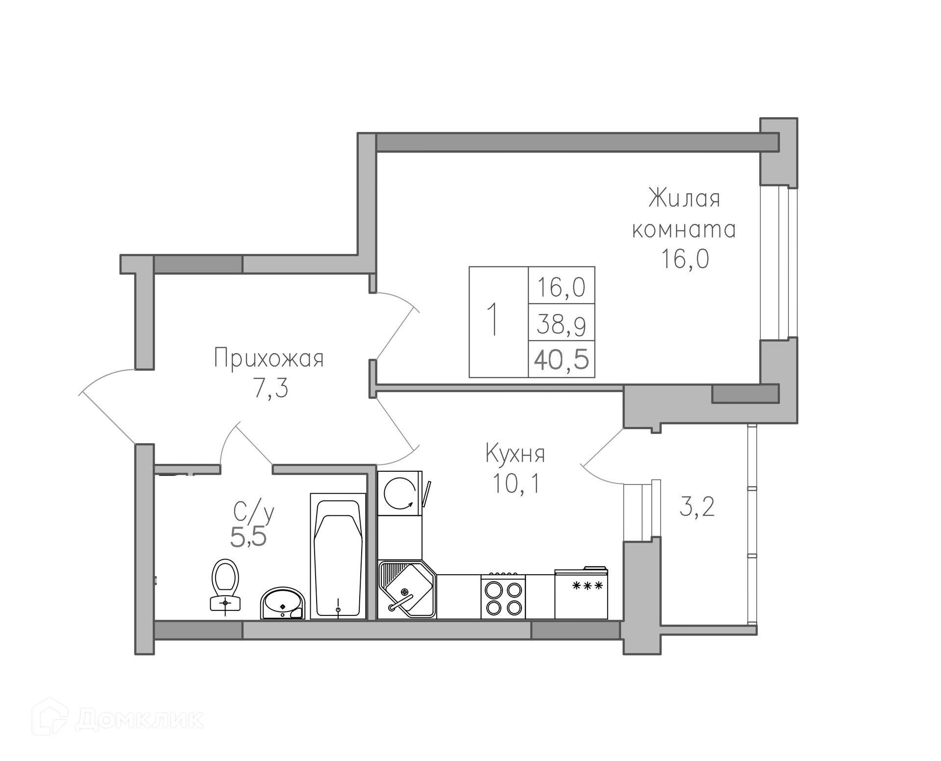 Планировка 1-комн. в ЖК «Поколение»