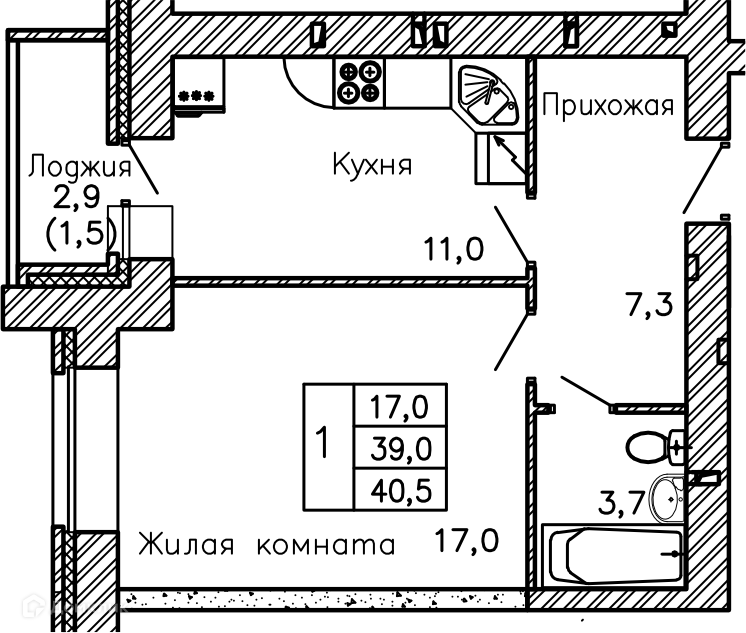 Планировка 1-комн. в ЖК «Перемена»