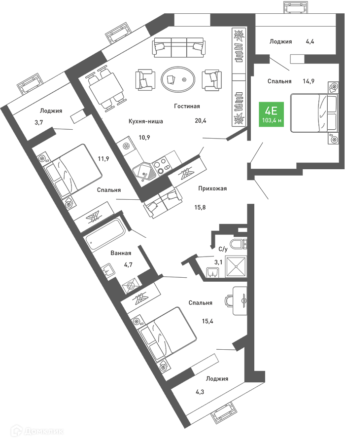 Планировка 4-комн. в ЖК «Ключи-club»