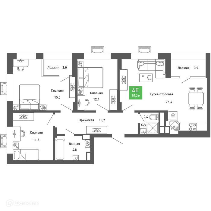Планировка 3-комн. в ЖК «Ключи-club»