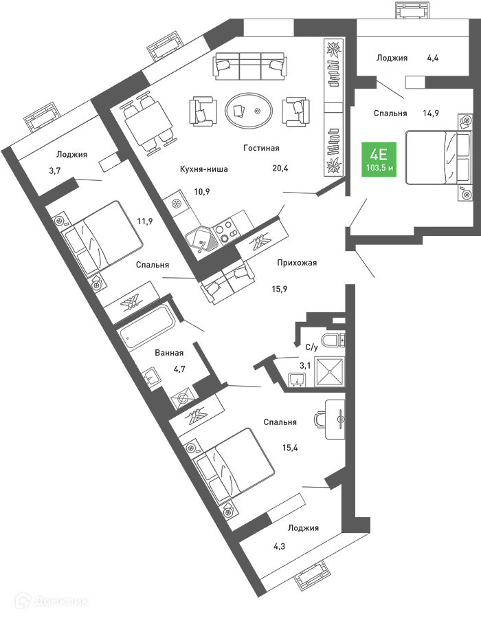Планировка 4-комн. в ЖК «Ключи-club»