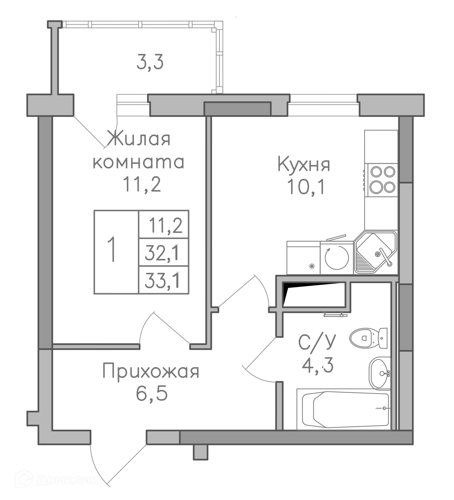 Планировка 1-комн. в ЖК «Поколение»