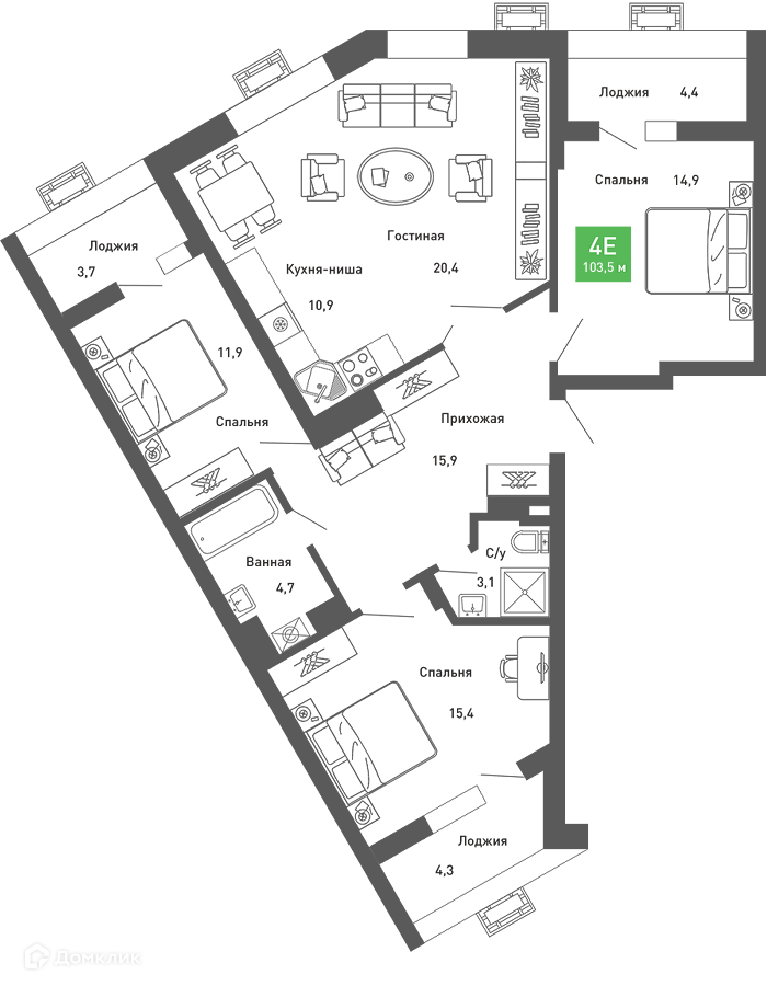 Планировка 4-комн. в ЖК «Ключи-club»