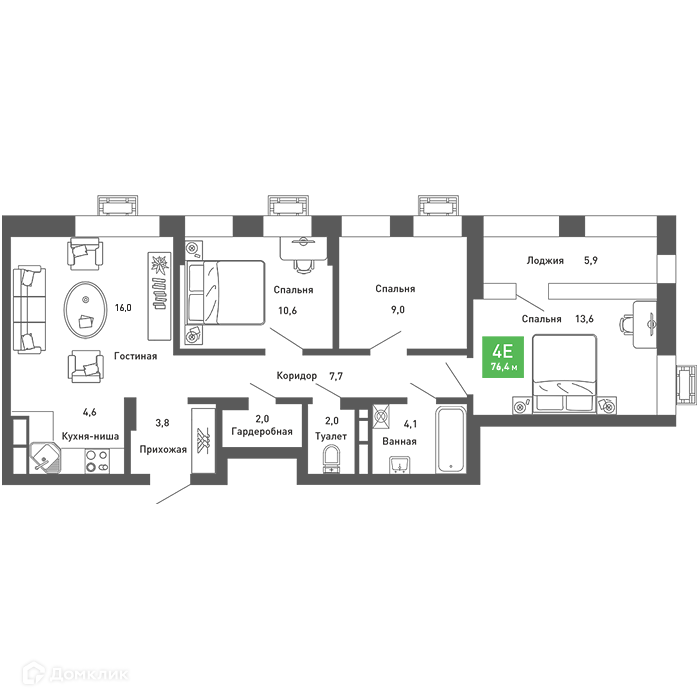 Планировка 4-комн. в ЖК «Ключи-club»