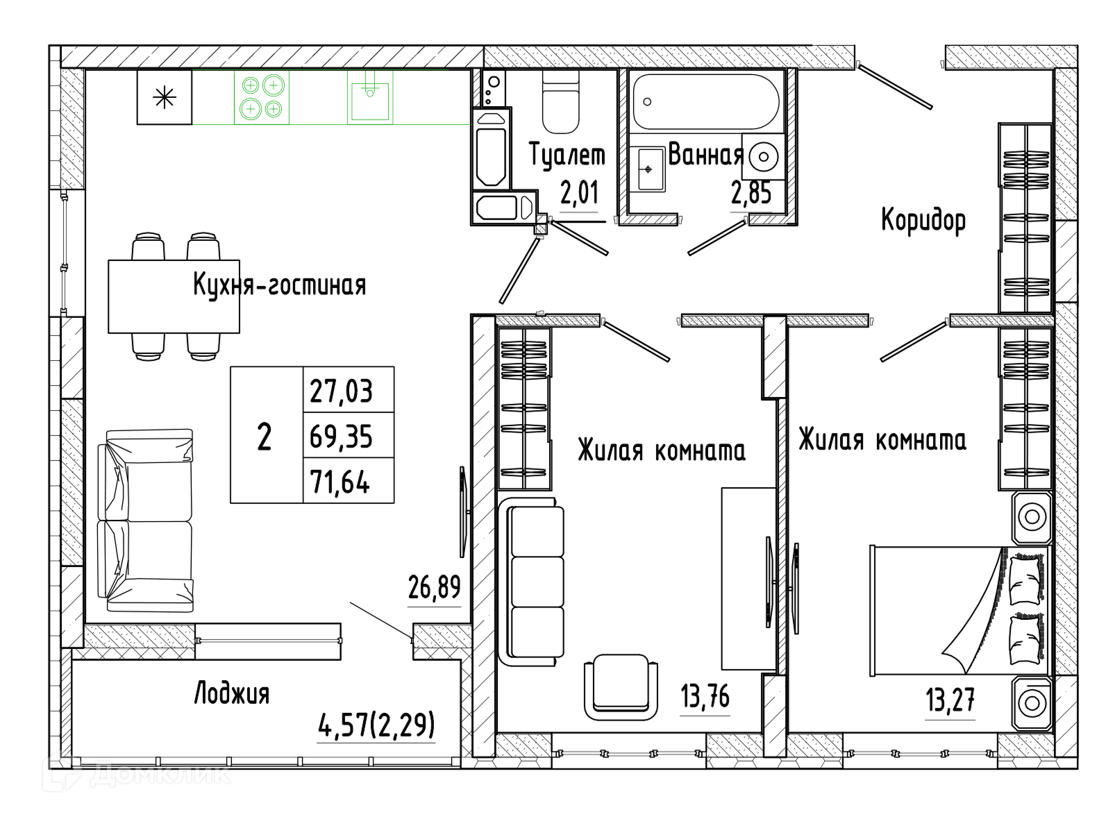 Планировка 2-комн. в ЖК «Алые паруса-2»