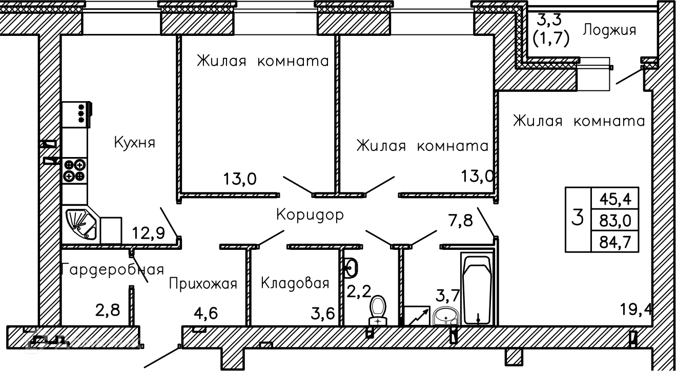 Планировка 3-комн. в ЖК «Перемена»