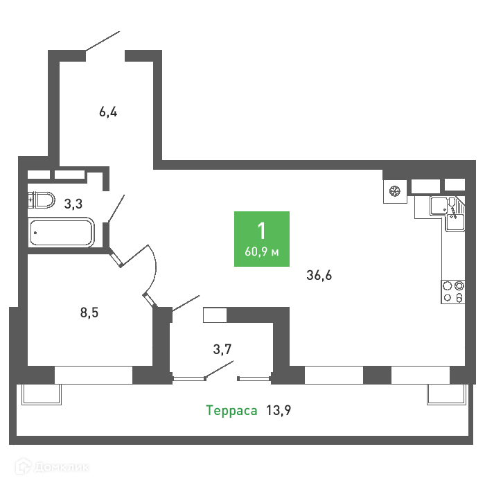 Планировка 1-комн. в ЖК «Ключи-club»