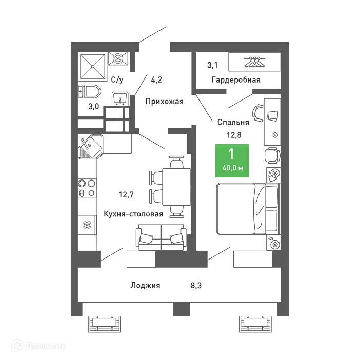Планировка 1-комн. в ЖК «Ключи-club»