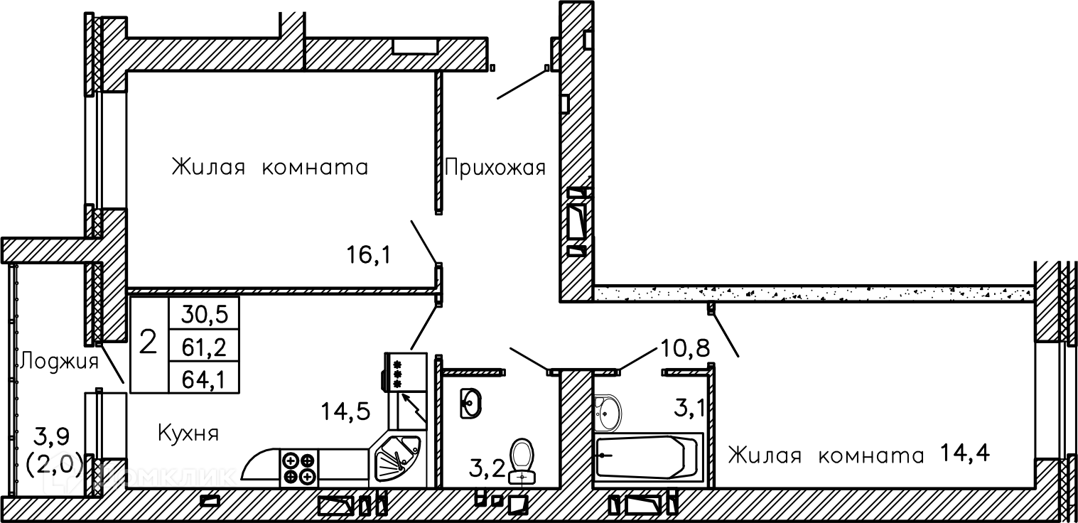 Планировка 2-комн. в ЖК «Перемена»