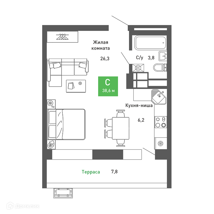 Планировка Студия в ЖК «Ключи-club»