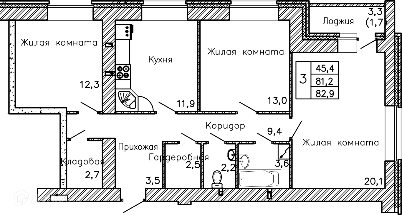 Планировка 3-комн. в ЖК «Перемена»