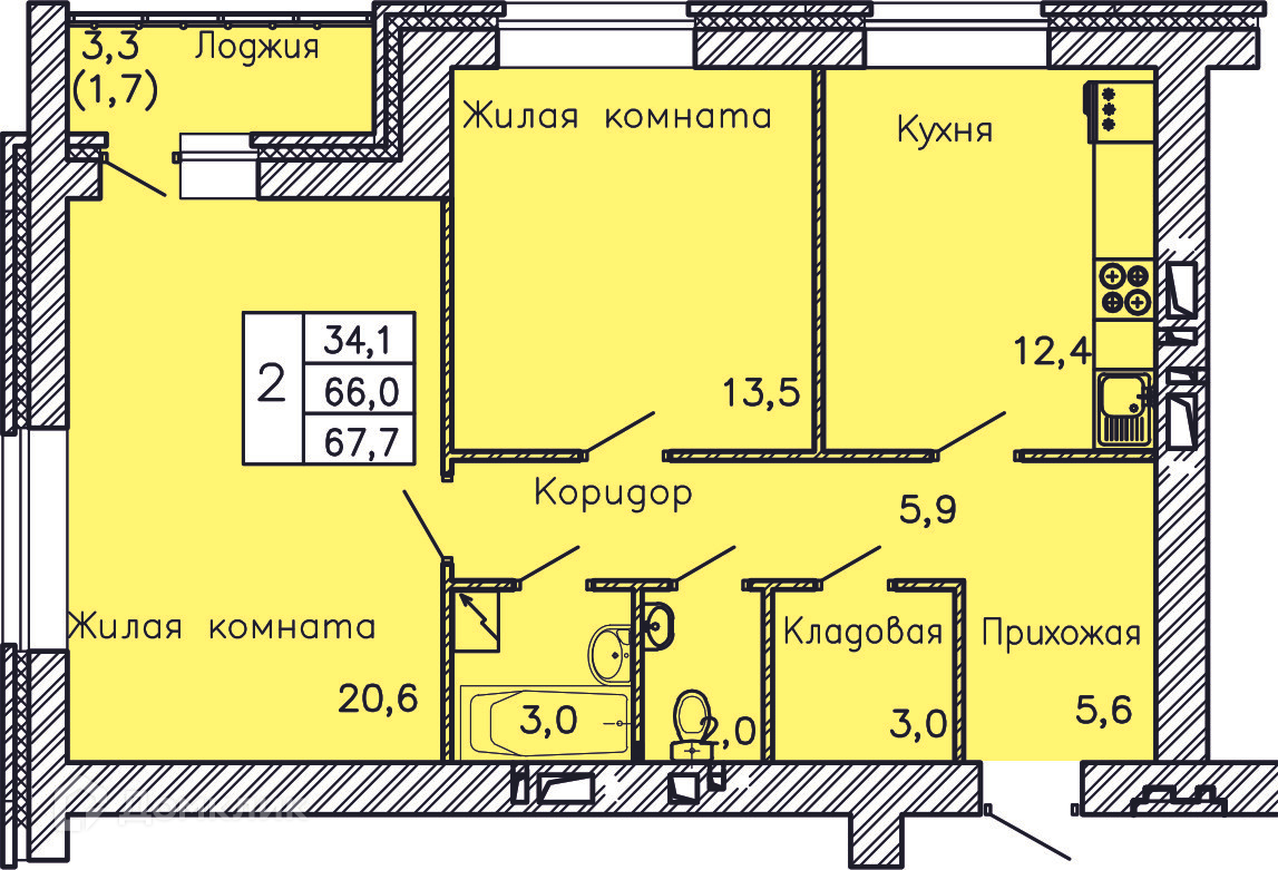 Планировка 2-комн. в ЖК «Перемена»