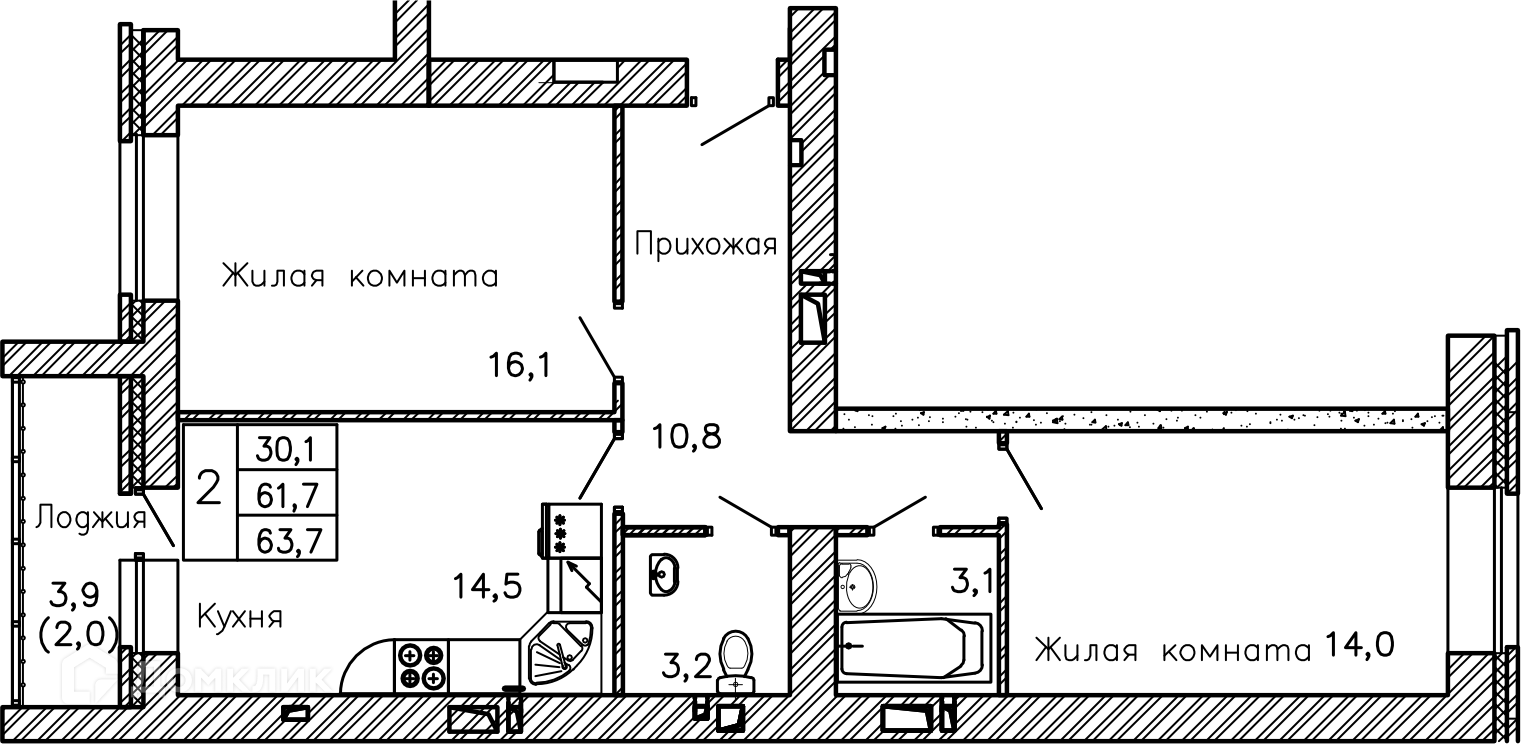 Планировка 2-комн. в ЖК «Перемена»
