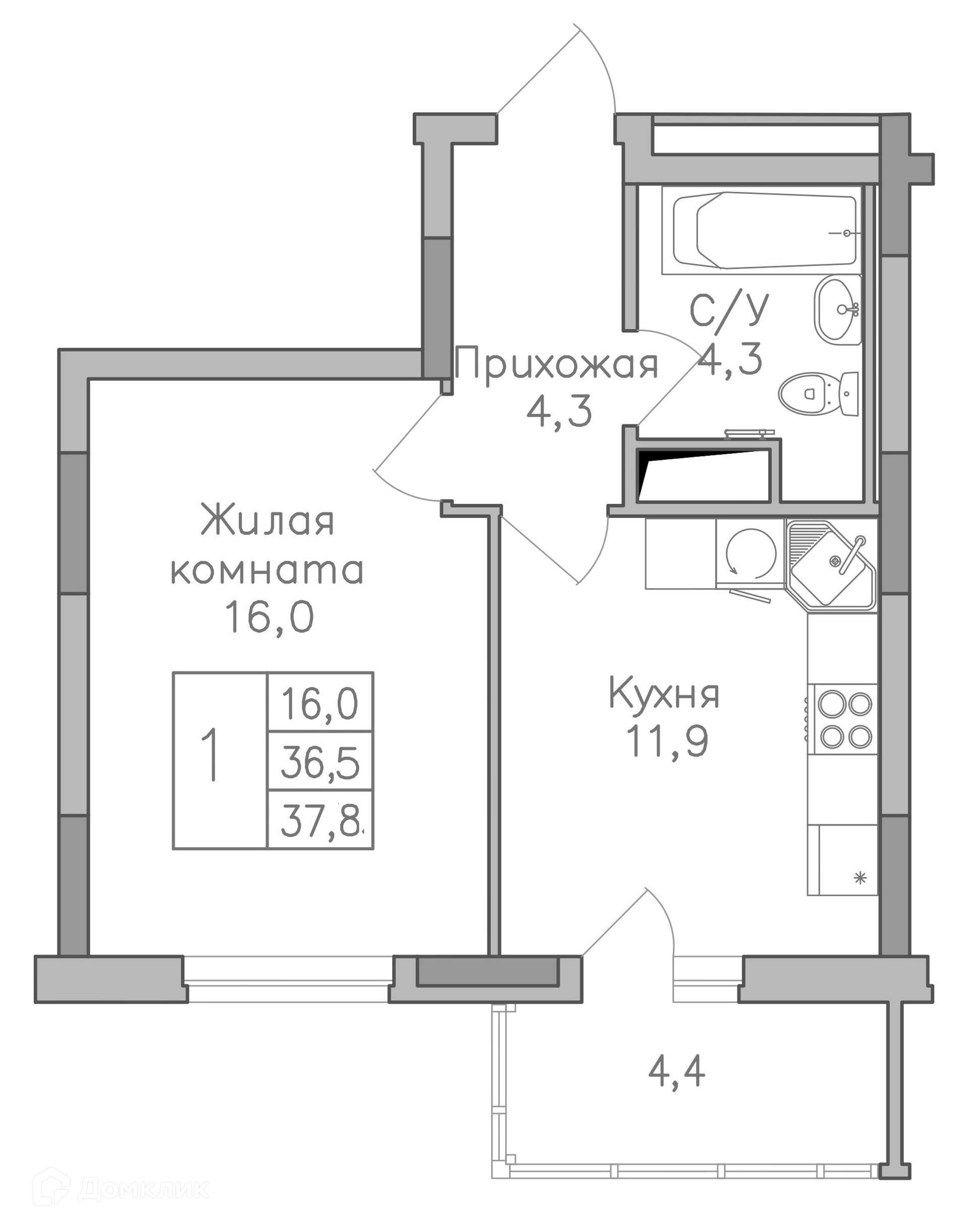 Планировка 1-комн. в ЖК «Поколение»