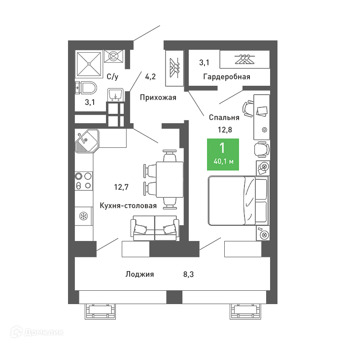 Планировка 1-комн. в ЖК «Ключи-club»
