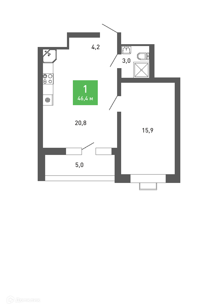 Планировка 1-комн. в ЖК «Ключи-club»