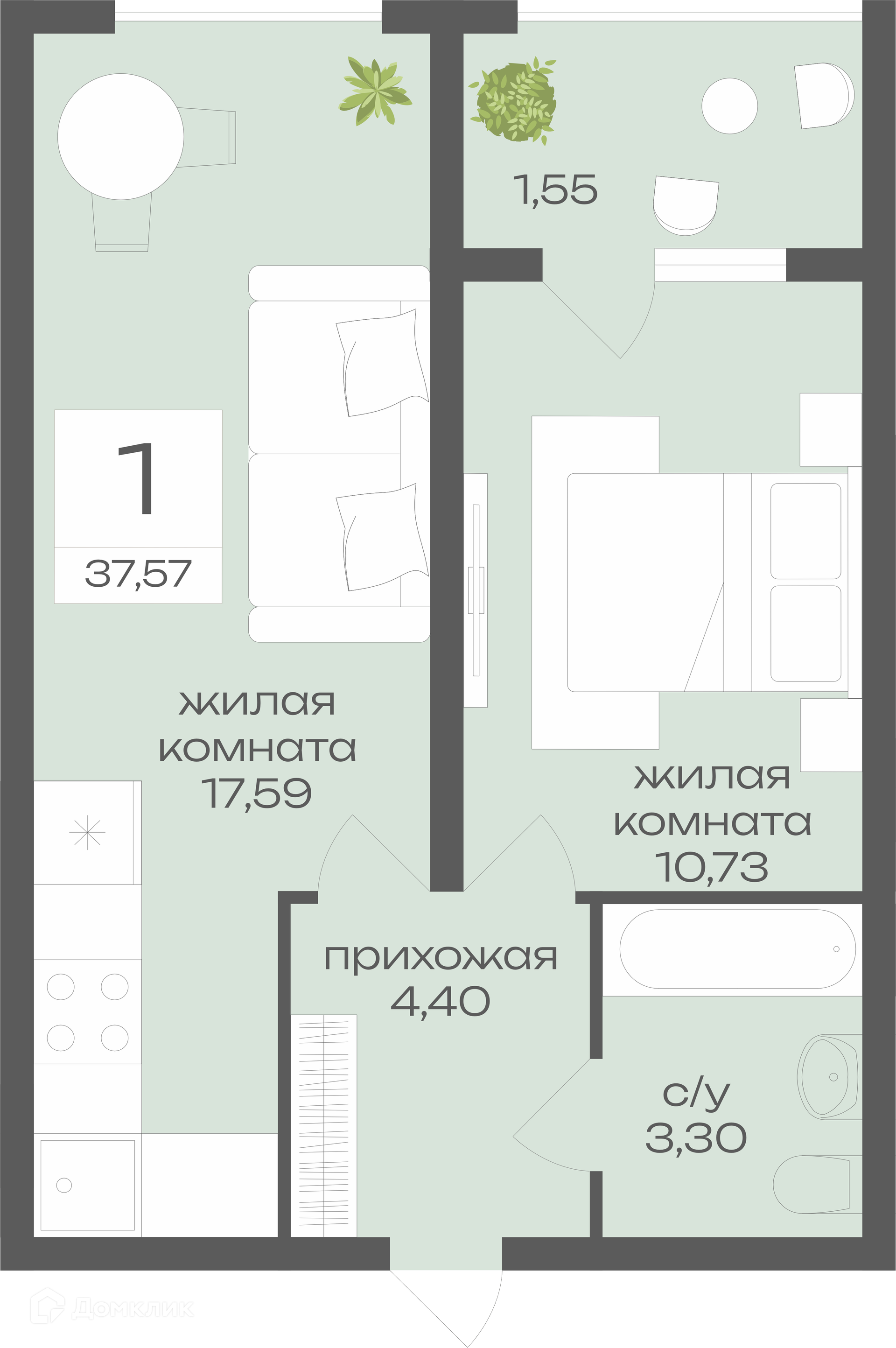 Планировка 1-комн. в ЖК «Дом у Ротонды»