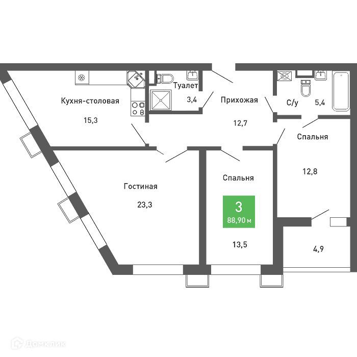 Планировка 3-комн. в ЖК «Ключи-club»