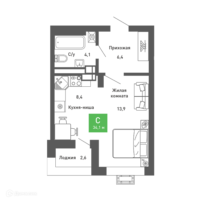 Планировка Студия в ЖК «Ключи-club»