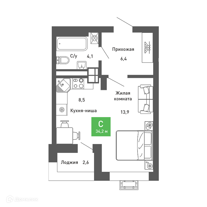 Планировка Студия в ЖК «Ключи-club»