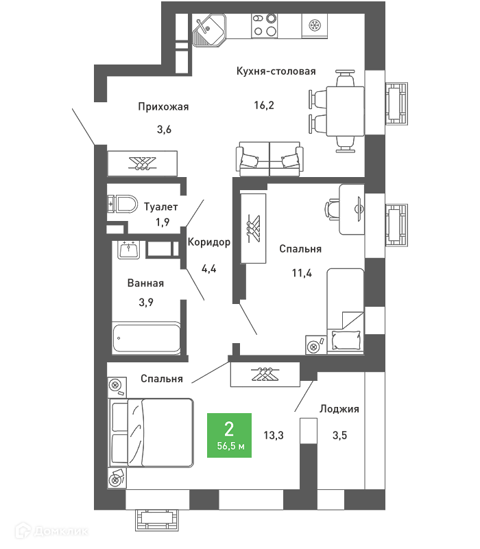 Планировка 2-комн. в ЖК «Ключи-club»