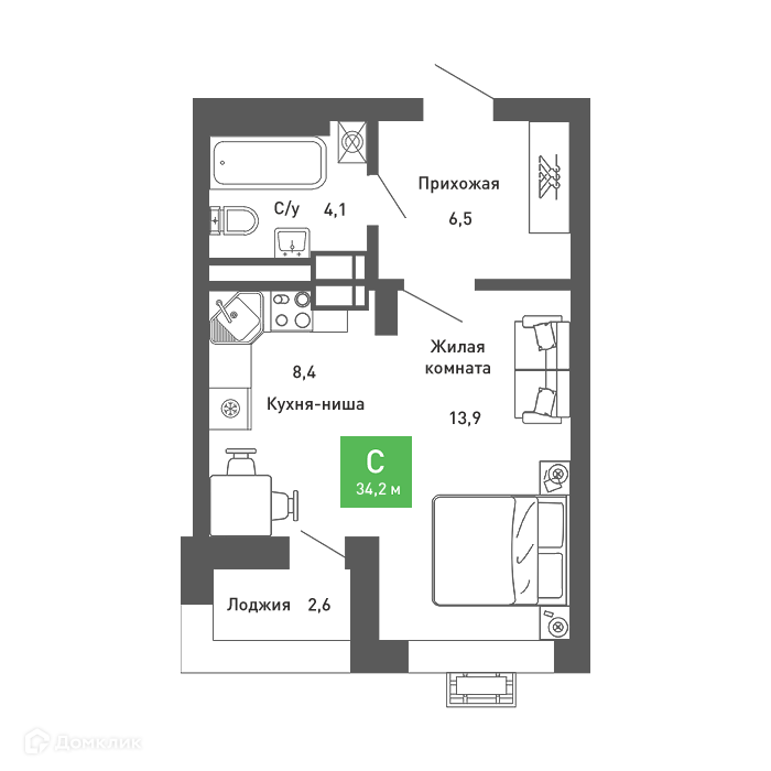 Планировка Студия в ЖК «Ключи-club»