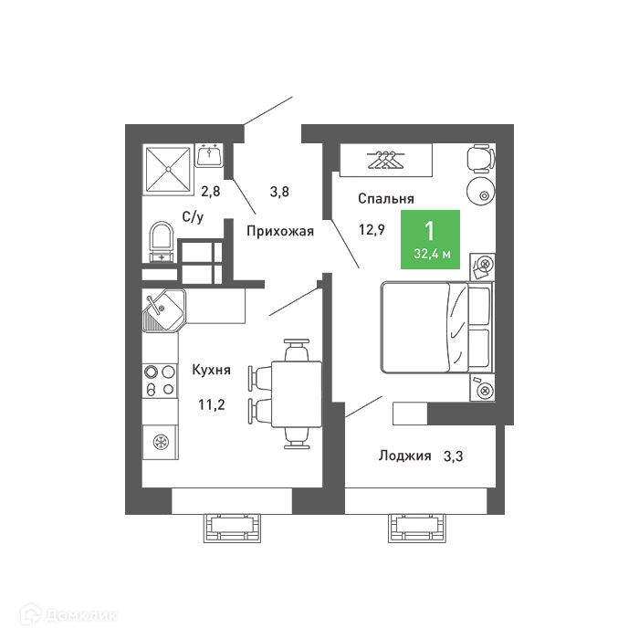 Планировка 1-комн. в ЖК «Ключи-club»