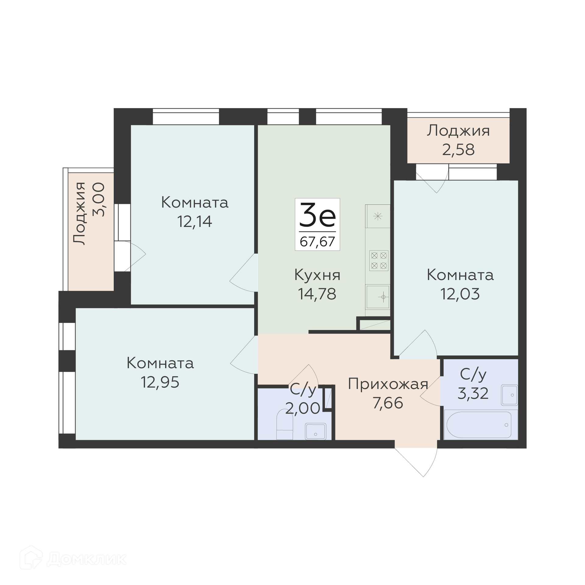 Планировка 3-комн. в ЖК «Квартал 45»